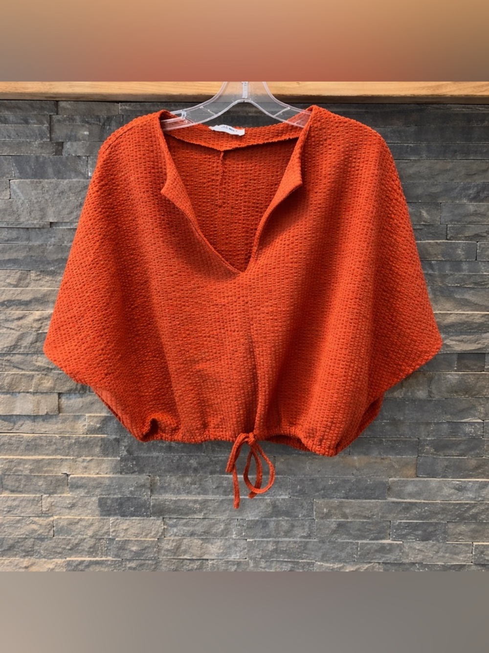 ZARA Trafaluc Rust Textured Crop Top Tie Waist Short Sleeve Size M